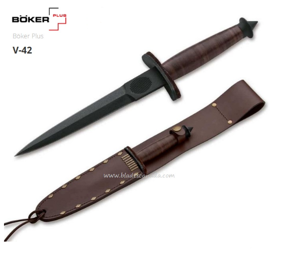 Boker Plus V-42 WWII Dagger Fixed Blade Knife, SK85 Steel, Leather Sheath, B-02BO047